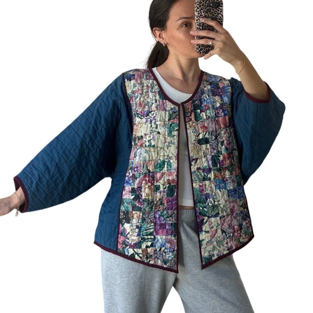 Patchwork Blue Quilted Floral Cottage Contrast Dolman Balloon Sleeve Jacket Sz M